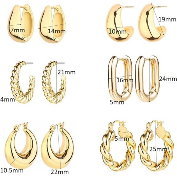 6 Pairs‎ 14K Gold Hoop Earrings for Women Lightweight Chunky Hoop Earrings - Picture 6 of 6